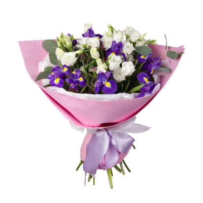 Букет «Подарок» – элегантная композиция из ирисов, эустом и эвкалипта Армавир Краснодарский край Букет «Подарок» – элегантная композиция из ирисов, эустом и эвкалипта Армавир Краснодарский край