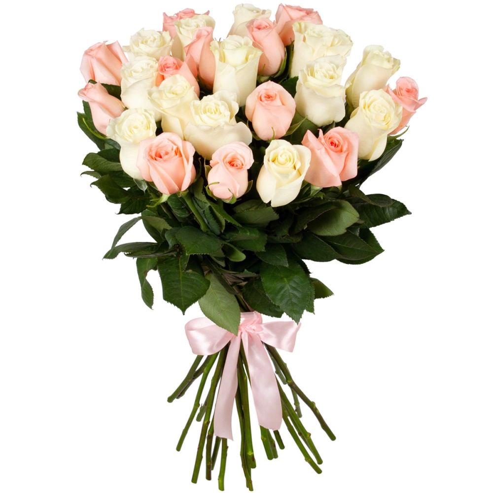 Букет из 25 розовых и белых роз Букет из 25 розовых и белых роз