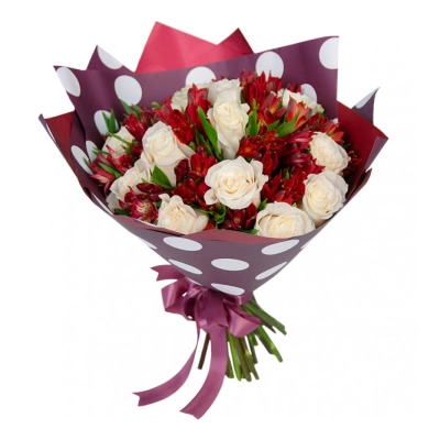 Букет из белых роз и красных альстромерий – гармония страсти и чистоты Армавир Краснодарский край Букет из белых роз и красных альстромерий – гармония страсти и чистоты Армавир Краснодарский край