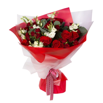 Контрастный букет «Рандеву» – красные розы и белые эустомы Армавир Краснодарский край Контрастный букет «Рандеву» – красные розы и белые эустомы Армавир Краснодарский край